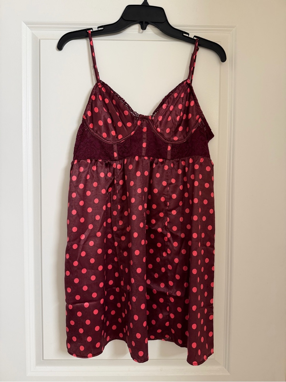 Free People Burgundy Satin Polka Dot Chemise with Pink Dots